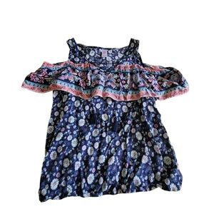 Justice Floral Ruffle Kids Top - Navy and Pink